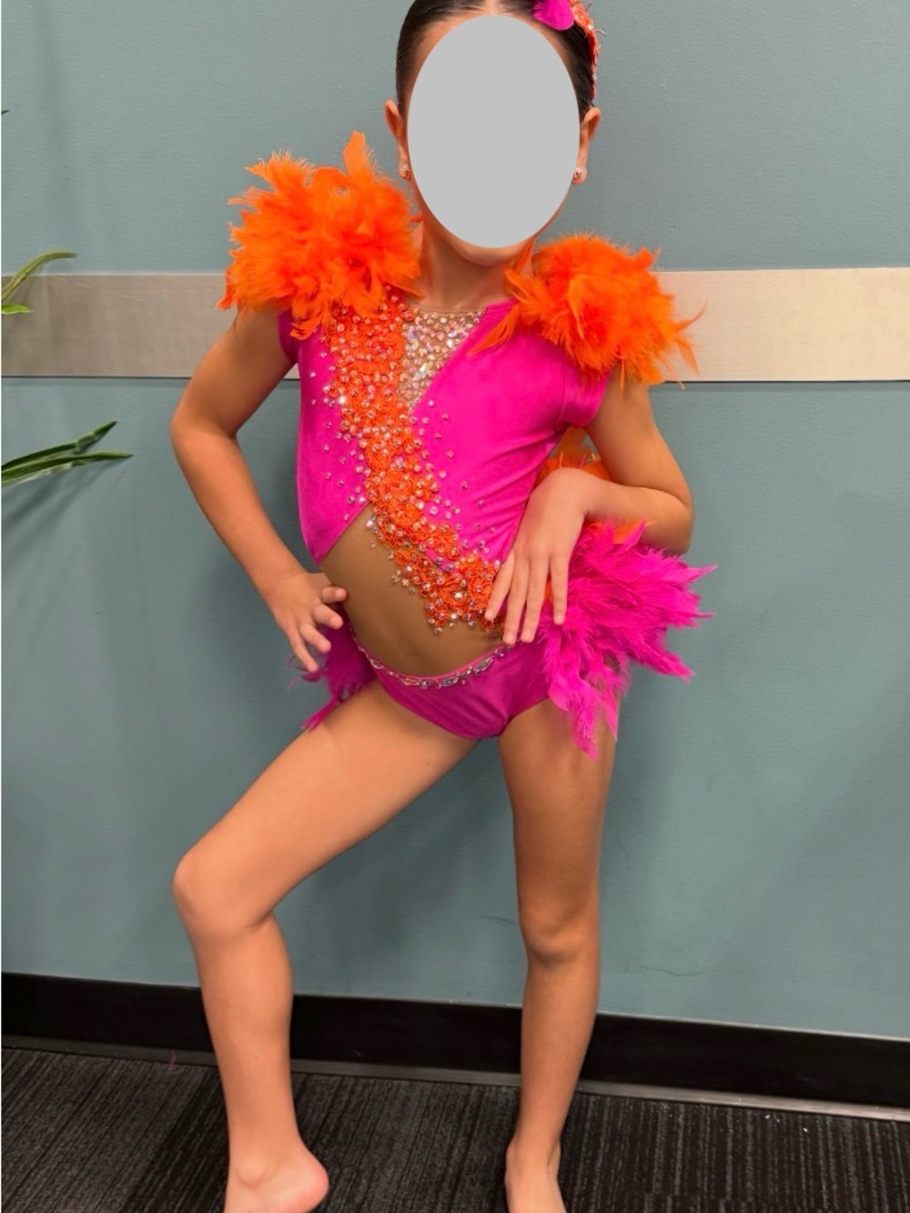 Kids Hot Pink and Orange Feathered Dance Costume